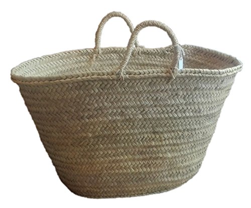 Capazo de Palma Reforzado, Cesto o Bolso de Mimbre para la Playa, Fibras Naturales. (10V, Aprox. 51x31 cm)