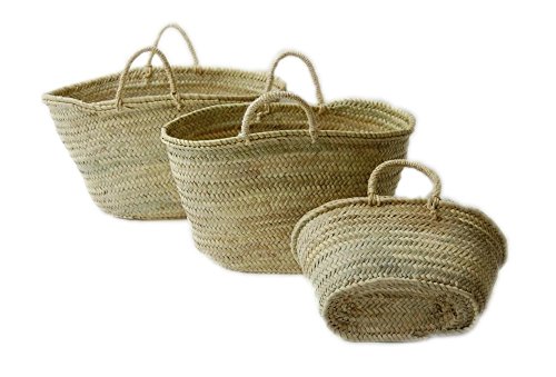 Capazo de Palma Reforzado, Cesto o Bolso de Mimbre para la Playa, Fibras Naturales. (10V, Aprox. 51x31 cm)