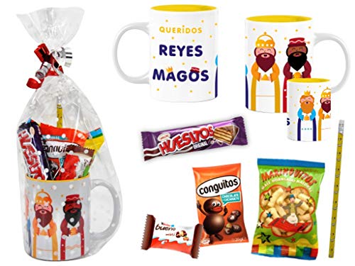 CAPRILO. Lote de 4 Tazas de Cerámica con Golosinas y Chocolates Reyes Magos. Vajillas. Regalos y Juguetes para Fiestas de Cumpleaños, Bodas, Navidad y Reyes, Bautizos y Comuniones. DC