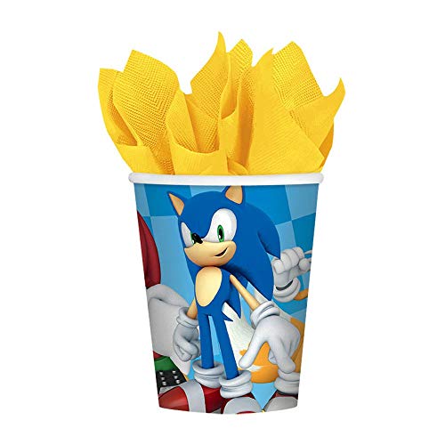 CAPRILO Lote de Cubiertos Infantiles Desechables Modern Sonic (8 Vasos, 8 Platos y 16 Servilletas y 1 Mantel) .Vajillas y Complementos. Juguetes y Regalos de Cumpleaños, Bodas, Bautizos y Comuniones.