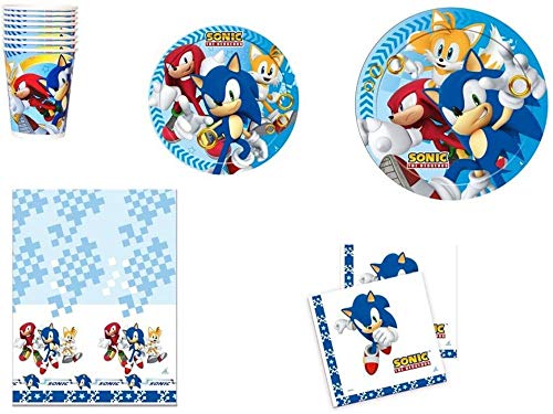 CAPRILO Lote de Cubiertos Infantiles Desechables Modern Sonic (8 Vasos, 8 Platos y 16 Servilletas y 1 Mantel) .Vajillas y Complementos. Juguetes y Regalos de Cumpleaños, Bodas, Bautizos y Comuniones.