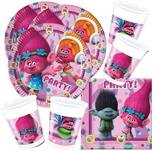 CAPRILO. Lote de Cubiertos Infantiles Desechables Trolls (8 Vasos, 8 Platos y 20 Servilletas) .Vajillas y Complementos. Juguetes para Fiestas de Cumpleaños, Bodas, Bautizos y Comuniones.