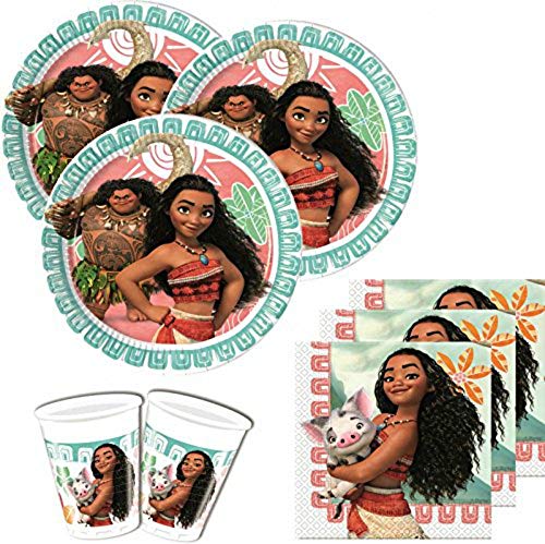 CAPRILO Lote de Cubiertos Infantiles Desechables Vaiana (8 Vasos, 8 Platos,20 Servilletas y 1 Piñata 20 x 30 .Vajillas. Juguetes y Regalos Fiestas de Cumpleaños, Bodas, Bautizos, Comuniones. L3
