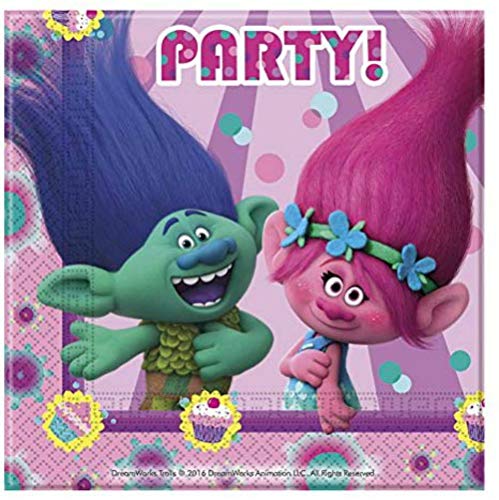 CAPRILO. Lote de Cubiertos Infantiles Trolls (8 Vasos, 8 Platos, 20 Servilletas,1 Mantel, 1 Guirnalda,1 Vela y 1 Globo). Vajillas. Juguetes para Fiestas de Cumpleaños, Bodas, Bautizos y Comuniones.