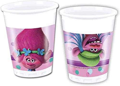 CAPRILO. Lote de Cubiertos Infantiles Trolls (8 Vasos, 8 Platos, 20 Servilletas,1 Mantel, 1 Guirnalda,1 Vela y 1 Globo). Vajillas. Juguetes para Fiestas de Cumpleaños, Bodas, Bautizos y Comuniones.