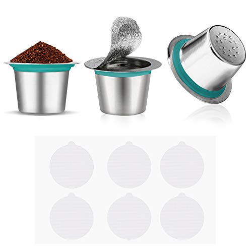 Cápsulas de café reutilizables de acero inoxidable, 3 unidades, filtro de café expreso con 60 tapas de aluminio autoadhesivas para máquinas de café Nespresso