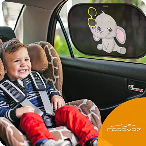 CARAMAZ Parasol Coche Infantil con protección UV - Autoadhesivo, para Proteger del Sol a bebés y Mascotas (2 Unidades), Parasol Coche bebé con Elefante