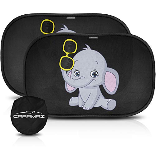 CARAMAZ Parasol Coche Infantil con protección UV - Autoadhesivo, para Proteger del Sol a bebés y Mascotas (2 Unidades), Parasol Coche bebé con Elefante