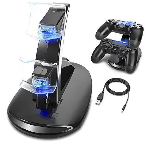 Cargador Mandos PS4 Estación de Carga rápida para Mandos 2 en 1 para PS4 Cargador de Control Doble Cargador Estación de acoplamiento Estación de carga doble con Bloque de Alimentación