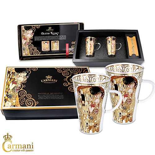 Carmani - Único vidrio pintado Café Latte Cappuccino Té Chocolate caliente conjunto de 2 con 'El beso' de Gustav Klimt