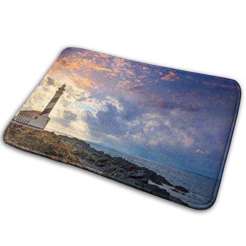 Carpet 15.7" X 23.5" Lighthouse Decor Collection Cap De Favaritx Sunset Lighthouse Cape In Mahon At Balearic Islands Of Spain Coast Image Blue Room Bathroom Rug Non-Slip Resistant Door Indoor Mat