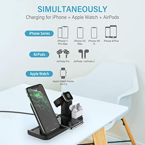 CARPURIDE 4 en 1 Cargador Inalámbrico Compatible Apple Watch 5/4/3/2 & Airpods Pro/2/1, Soporte Cargador Rápida Qi Estación de Carga para iPhone 11/11 Pro/11 Pro Max/XR/XS/Xs Max/X/8 Plus/8