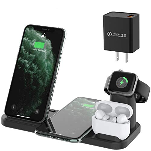 CARPURIDE 4 en 1 Cargador Inalámbrico Compatible Apple Watch 5/4/3/2 & Airpods Pro/2/1, Soporte Cargador Rápida Qi Estación de Carga para iPhone 11/11 Pro/11 Pro Max/XR/XS/Xs Max/X/8 Plus/8