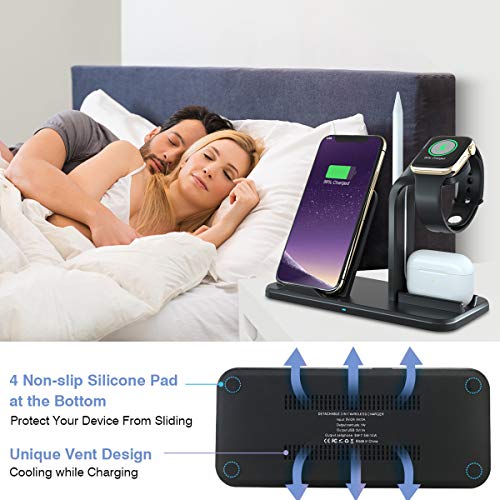 CARPURIDE Cargador Inalámbrico Rápido, [4 in 1] Qi Base de Carga para Apple Watch Series 1/2/3/4/5, AirPods, iPhone 11/11 Pro/11 Pro MAX/XS MAX/XR/X/8 Plus, Inalámbrica Carga para Galaxy S10 S9 S8