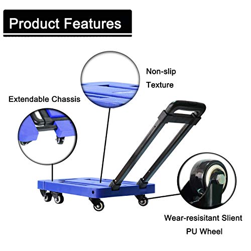 Carretilla Plegable Máxima 200 kg, Carretilla de Mano con 6 Ruedas Carro transporte plegable Plataforma de carga Carritos Porta Equipajes (Azul)