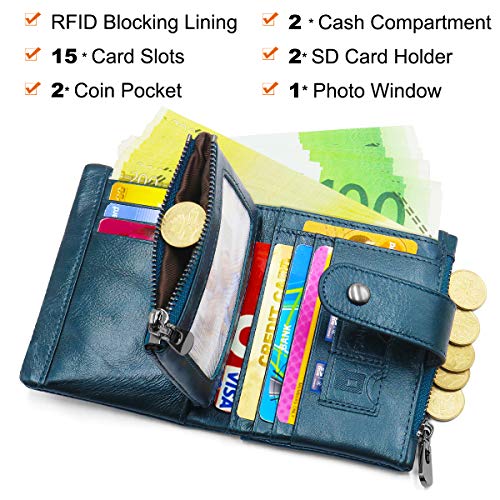 Cartera Mujer Piel Autentica, HNOOM Bloqueo RFID Monedero Mujer Pequeña con Muchos Bolsillos, Billetero Cremallera Mujer con Cadena, Monederos Mujer Cuero 16 Ranuras para Tarjetas (Azul)