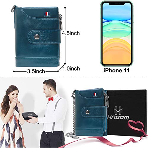 Cartera Mujer Piel Autentica, HNOOM Bloqueo RFID Monedero Mujer Pequeña con Muchos Bolsillos, Billetero Cremallera Mujer con Cadena, Monederos Mujer Cuero 16 Ranuras para Tarjetas (Azul)