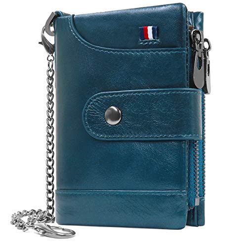 Cartera Mujer Piel Autentica, HNOOM Bloqueo RFID Monedero Mujer Pequeña con Muchos Bolsillos, Billetero Cremallera Mujer con Cadena, Monederos Mujer Cuero 16 Ranuras para Tarjetas (Azul)