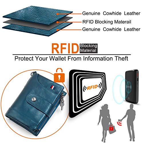 Cartera Mujer Piel Autentica, HNOOM Bloqueo RFID Monedero Mujer Pequeña con Muchos Bolsillos, Billetero Cremallera Mujer con Cadena, Monederos Mujer Cuero 16 Ranuras para Tarjetas (Azul)