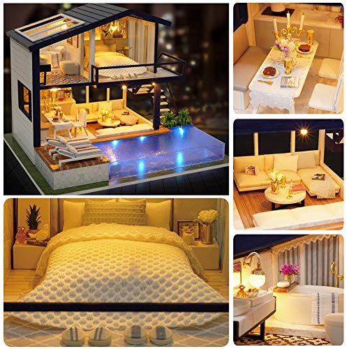 Casa de madera DIY Dollhouse Mini Kit Hecho a mano Doll House Miniature LED Light Cabin Cuento de hadas Decoración del hogar Casa Niñas Niños Vacaciones Regalos de cumpleaños