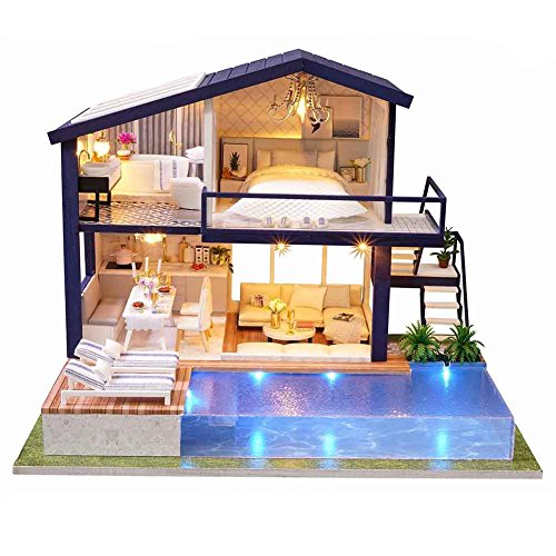 Casa de madera DIY Dollhouse Mini Kit Hecho a mano Doll House Miniature LED Light Cabin Cuento de hadas Decoración del hogar Casa Niñas Niños Vacaciones Regalos de cumpleaños