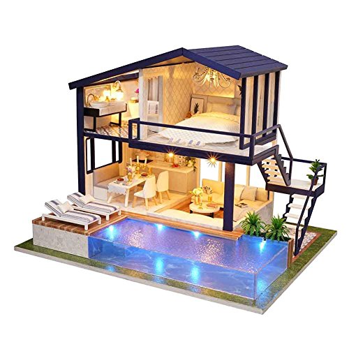 Casa de madera DIY Dollhouse Mini Kit Hecho a mano Doll House Miniature LED Light Cabin Cuento de hadas Decoración del hogar Casa Niñas Niños Vacaciones Regalos de cumpleaños