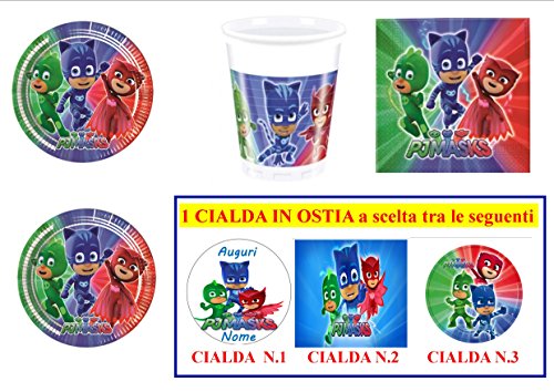Casa Dolce Casa - Juego de utensilios y recipientes de PJ Masks para fiestas, decorativo, kit n.° 29, 24 platos, 24 vasos, 40 servilletas, 1 oblea personalizable