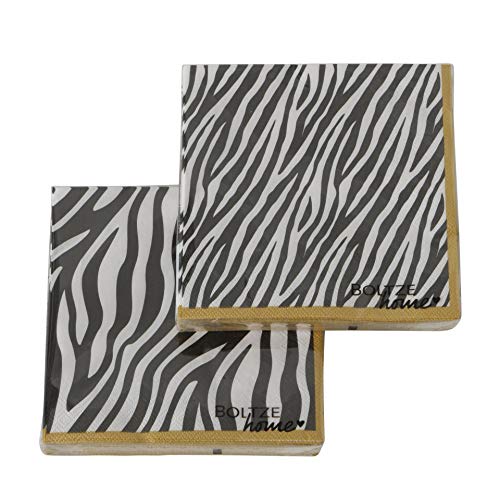 CasaJame Juego de 40 (2 Paquetes de 20 Piezas Cada uno) Servilletas de Papel Desechables 3 Capas Velos 33x33cm Color Blanco Negro Decoraciones Cebra con Bordes Dorados