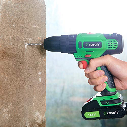 Casals VNPLI14M-2 - Taladro percutor con batería de litio de 14.4 V (1,5 A-h, 1.500 rpm, 28 N-m, con batería adicional y maletín) color verde y negro