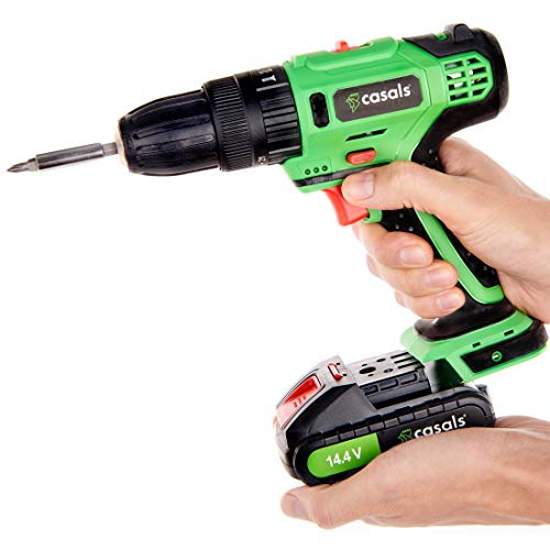 Casals VNPLI14M-2 - Taladro percutor con batería de litio de 14.4 V (1,5 A-h, 1.500 rpm, 28 N-m, con batería adicional y maletín) color verde y negro