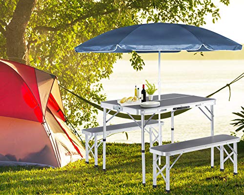 Casaria Mesa de Camping con 2 Bancos Plegables con función de Maleta para Mejor Transporte Aluminio Color Gris para jardín