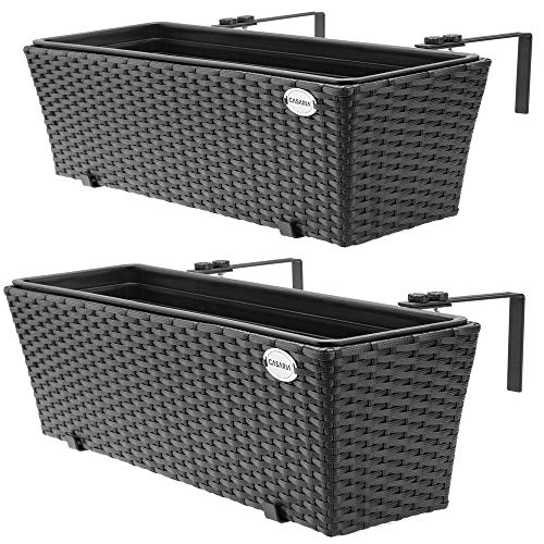 Casaria Set de 2 Maceteros Negros de poliratán con Soporte de Acero 60x20x19cm para su balcón Terra Ventana decoración