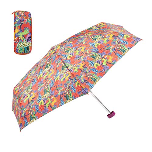 Catalina Estrada for EZPELETA Paraguas Plegable antiviento de Mujer, tamaño Mini y Apertura Manual. Incluye Estuche rígido. Tejido Estampado Flores - Naranja - Conejo