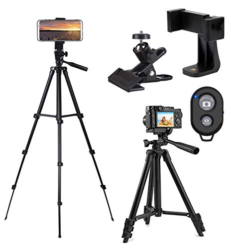 CCRoom Aluminio de Trípode de la Cámara, Trípode de Teléfono con Control Remoto Bluetooth y Smartphone Clip Mount Apto para iPhone Samsung e Altre Smartphones (Negro)