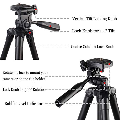 CCRoom Aluminio de Trípode de la Cámara, Trípode de Teléfono con Control Remoto Bluetooth y Smartphone Clip Mount Apto para iPhone Samsung e Altre Smartphones (Negro)