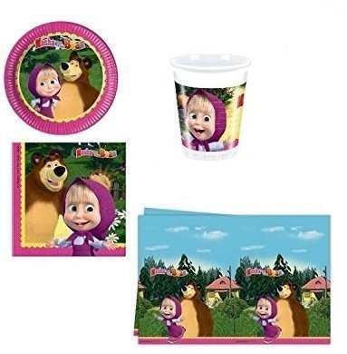 Cdc - Kit nº 6 para fiestas y celebraciones con estampado de Masha y el Oso - Incluye: 8 platos + 8 vasos + 20 servilletas + 1 mantel