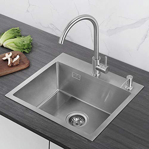 CECIPA Fregadero Cocina un Seno 50 x 45x 18.5cm Sobre-Encimera, Cuadrado Fregadero de Cocina con Dispensador de Jabón, Acero Inoxidable Cepillado