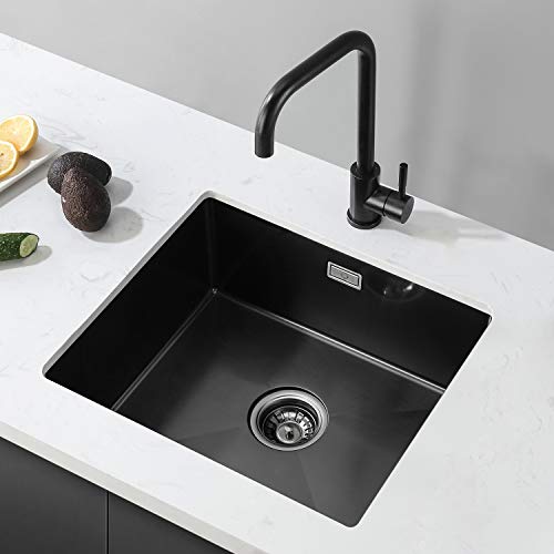 CECIPA Fregadero de Cocina un Seno 50×43CM Fregadero de Acero Inox Negro Antracita Montaje Encastrar Fregadero con Sifón y Rebosadero