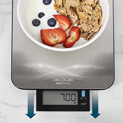 Cecotec Báscula de Cocina Digital Cook Control 9000 Waterproof. Acero Inoxidable, Resistente al Agua, Pantalla LCD Retroiluminada Extraíble, Capacidad Máxima 10 Kg