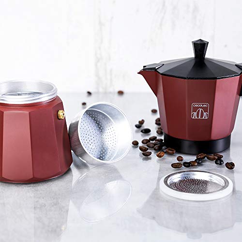 Cecotec Cafetera italiana Mimoka 600 Garnet. Fabricada en aluminio fundido de alta calidad, Apta para cualquier superficie térmica, Para 6 tazas de café