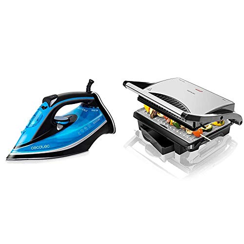 Cecotec Force Titanium 520 - Plancha, 3000 W, 55, Golpe de Vapor 230 g/min, Suela TitaniumSlide + Rock'nGrill 1000 - Parrilla Eléctrica, con revestimiento de piedra RockStone, 25,5 x 29,5 x 10 cm