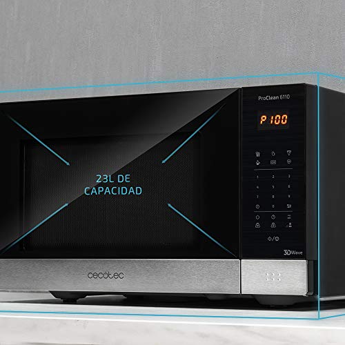 Cecotec Microondas ProClean 6110. Con Grill y Revestimiento Ready2Clean para una mejor Limpieza, Tecnología 3DWave, 800 W y Grill 1000 W, Capacidad 23L, Diseño elegante con acabados acero inoxidable.