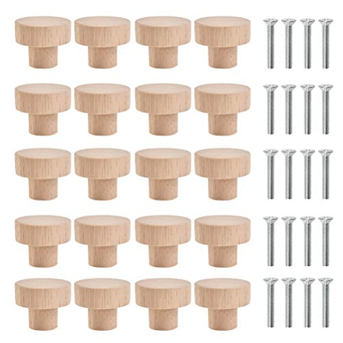 CENBEN 20pcs Pomos Redondos de Madera para Puerta de Armarios Pomos para Armario 3x2.5cm Tiradores Redondos para Cajón Perillas Redondas de Madera