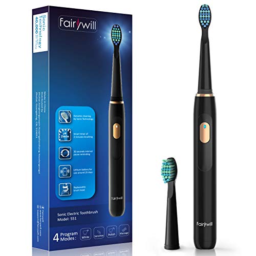 Cepillo eléctrico Fairywill recargable, cepillo sónico para limpieza dental, temporizador interior inteligente, cepillo recargable para adultos y niños (FW-551Black)