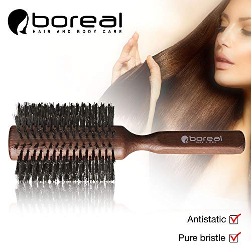 Cepillo para el pelo antiestático de haya barnizada. Rodillo gigante en pura cerda de jabalí. Diámetro de 76 mm. Producido enteramente en Italia.