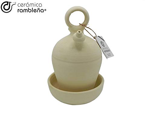 CERÁMICA RAMBLEÑA | Botijo de Barro Tradicional asa Redonda Base Fina de La Rambla (Córdoba) | 100% Hecho a Mano | 2.75 litros | Eco | Plato Incluido