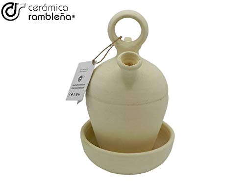 CERÁMICA RAMBLEÑA | Botijo de Barro Tradicional asa Redonda Base Fina de La Rambla (Córdoba) | 100% Hecho a Mano | 2.75 litros | Eco | Plato Incluido