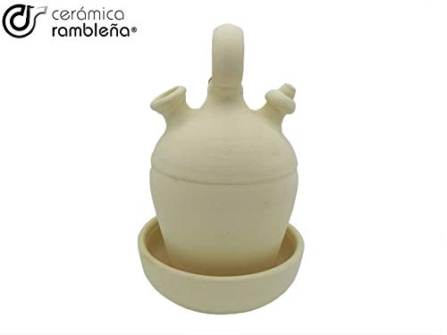 CERÁMICA RAMBLEÑA | Botijo de Barro Tradicional asa Redonda Base Fina de La Rambla (Córdoba) | 100% Hecho a Mano | 3.75 litros | Eco | Plato Incluido