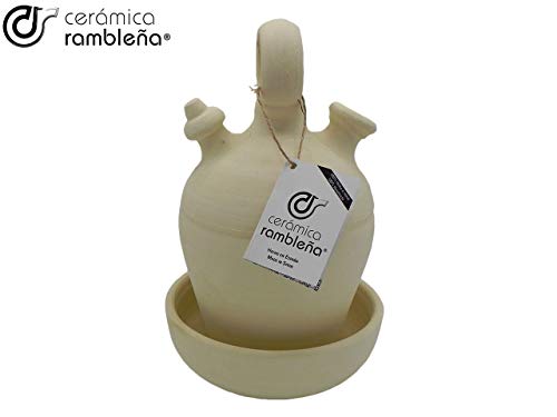CERÁMICA RAMBLEÑA | Botijo de Barro Tradicional asa Redonda Base Fina de La Rambla (Córdoba) | 100% Hecho a Mano | 3.75 litros | Eco | Plato Incluido