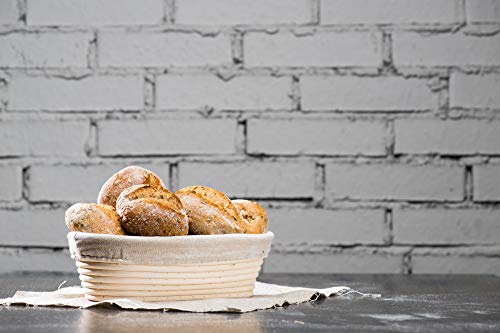Cesta de Fermentación (ovalada, Ø 35 cm) y Rascador de Masa - Estribos de Acero Inox - Banneton para Pan - Ratán Natural - Cuenco para Masas con Paño de Lino